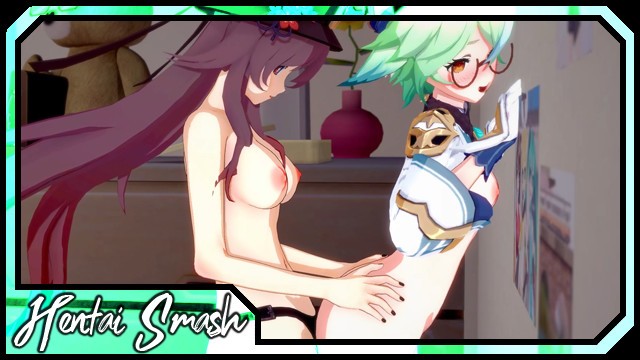 Ху Тао жестко трахает Сахарозу страпоном - Genshin Impact Lesbian Hentai