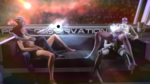Tali, EDI, Liara, Miranda - yuri; lesbian; group sex; gangbang; riding; vaginal; futanari; 3D sex porno hentai; [Mass Effect]