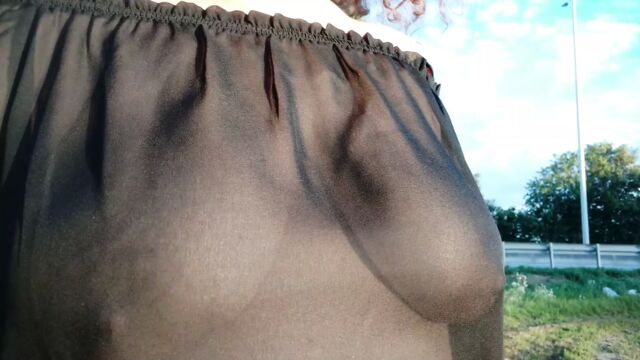 Walk with see-through blouse without bra