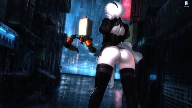 Девушка 2B из Nier Automata в ночном городе - живые обои для Wallpaper Engine